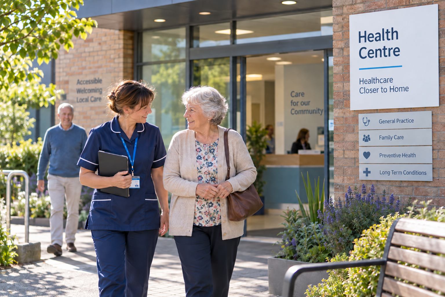 Nurse and patient outside health entre