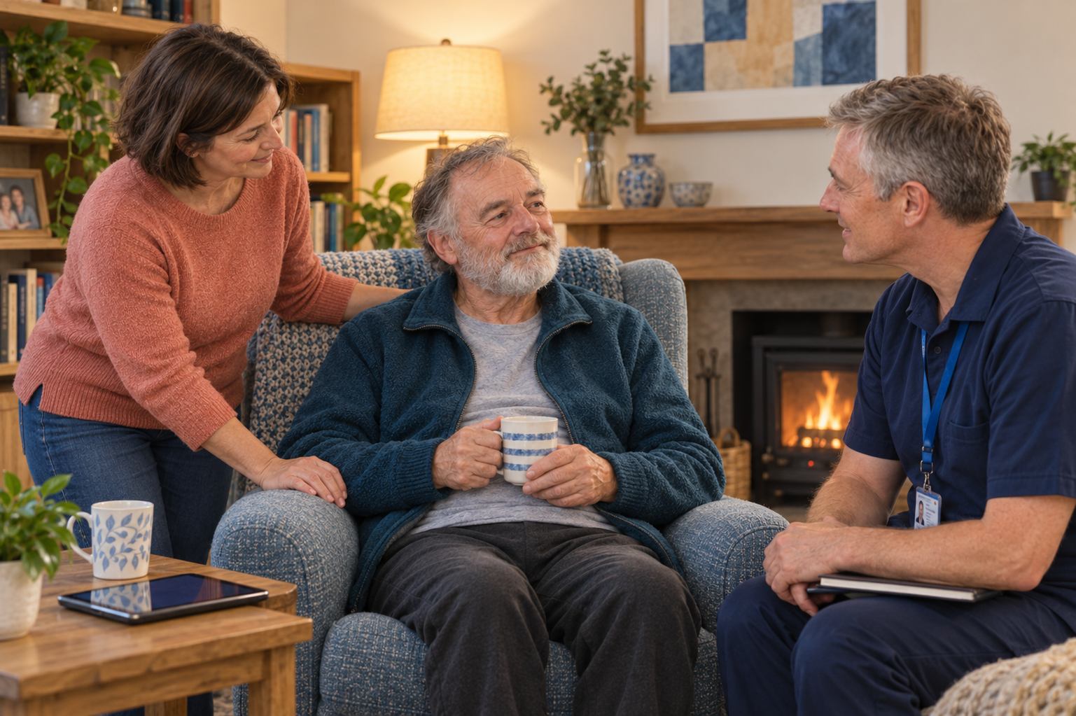 Man in armchair with supportive wife and healthcare visitor
