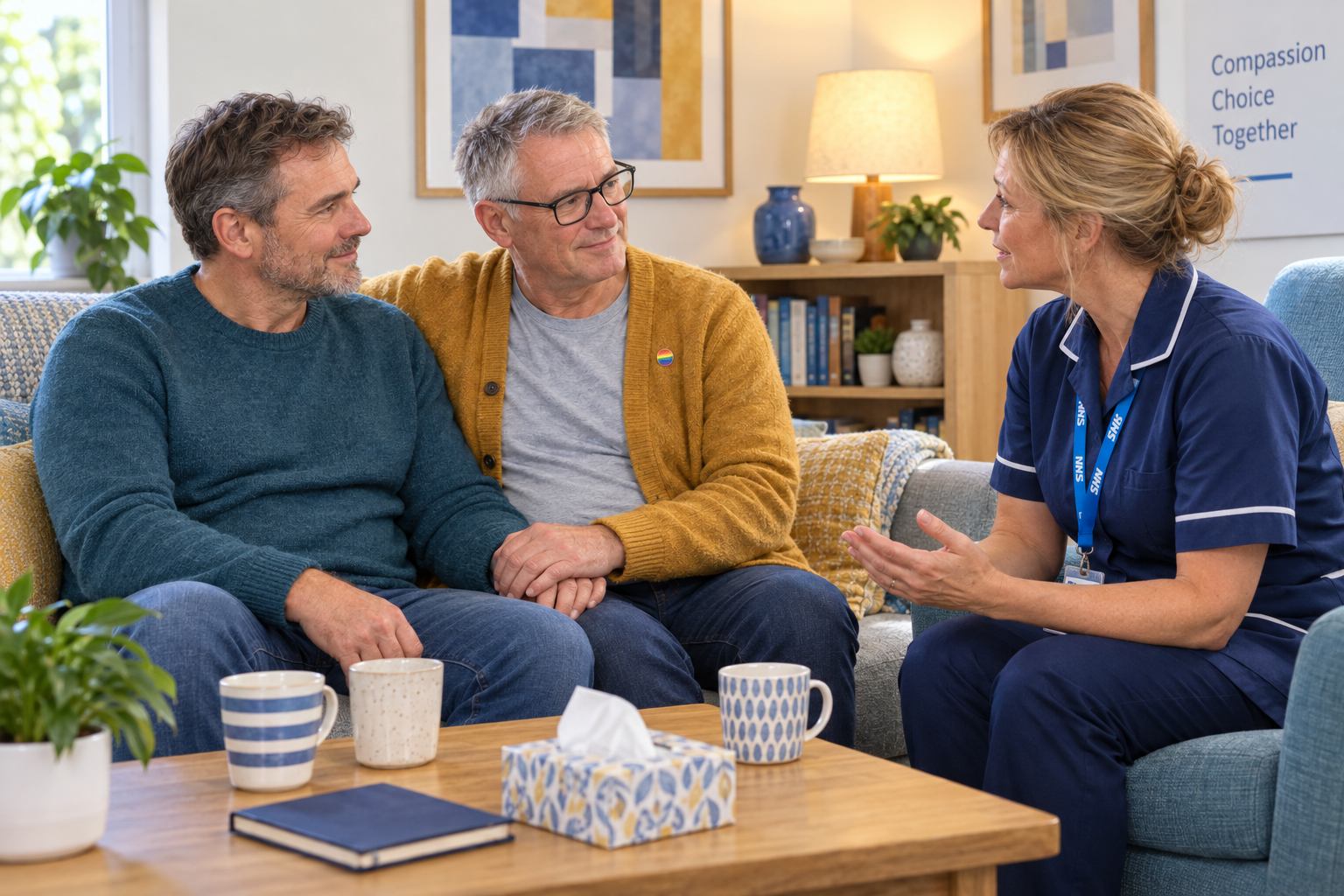 Cancer sufferer on couch supported byt friend and visiting nurse