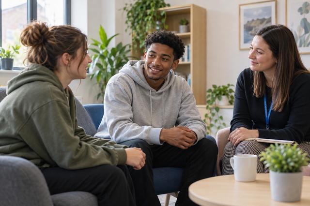 Troubled young woman chats with anither male and support worker
