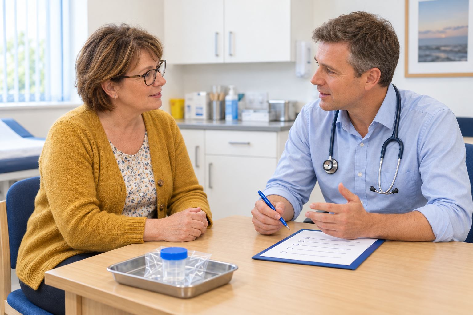 Healthcare professional discussing bladder and kidney cancer symptoms with a patient