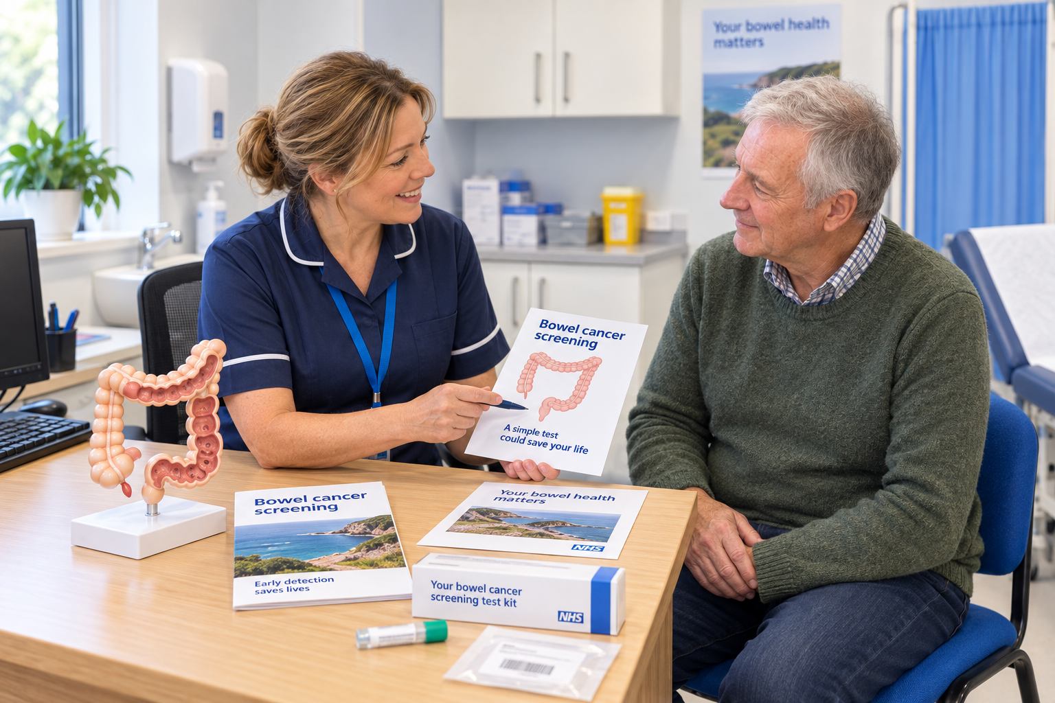 Bowel cancer screening kit and a supportive healthcare discussion