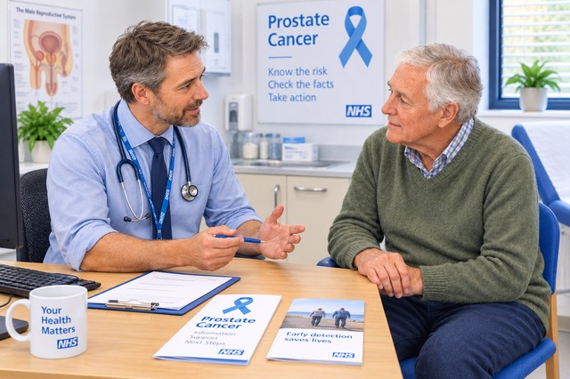 Healthcare professional discussing prostate and testicular cancer with a patient